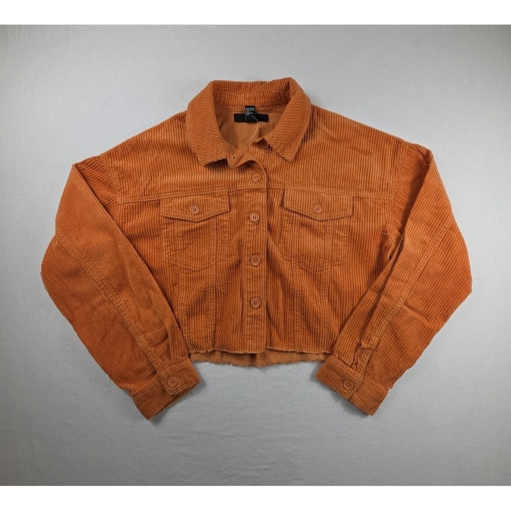 Forever 21 Corduroy Jacket Women's Size L Orange Cropped Raw Hem Button Up Boho